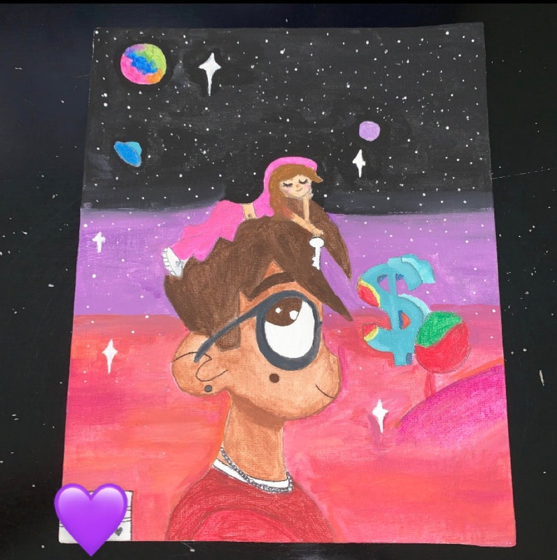 A painting that I did of my boyfriend and I recreating the Lil Uzi album cover for "LUV vs. The World 2."