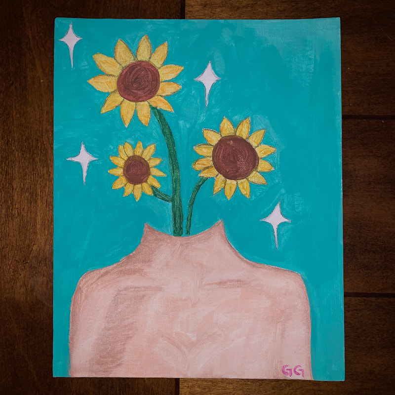 A canvas painting of sunflowers growing from a woman's neck. The face is missing, and sunflowers are growing from within the body instead. The background is a turquoise color with white diamonds encircling the body.