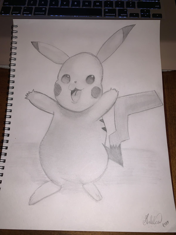 A rough sketch of Pikachu from Pokémon smiling with his arms up.