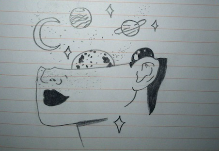 A drawing of a woman's face from the nose down. The other half of the woman's face is covered in celestial bodies such as a crescent moon, Jupiter, and other stars.